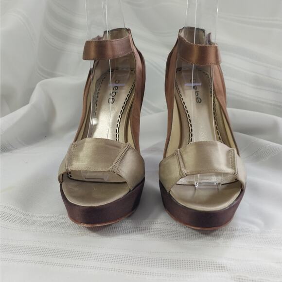 BEBE! ESPRESSO BROWN SATIN HEEL, TAN/GOLD LEATHER PEEP TOE PLATFORM HEELS! SZ 6M - Picture 3 of 8